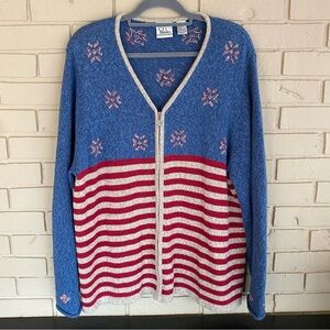CJ Banks Sweater Women’s Plus 1X Zip Up USA Fireworks 4th July Hand Embroidered